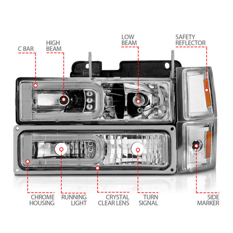ANZO 88-98 Chevrolet C1500 Crystal Headlights w/Light Bar Chrome Housing w/ Signal Side Markers 8Pcs - 111529