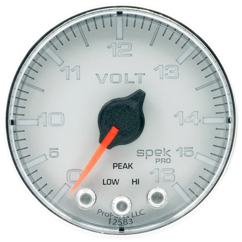 Autometer Spek-Pro Gauge Voltmeter 2 1/16in 16V Stepper Motor W/Peak & Warn Slvr/Chrm - P344218