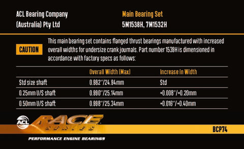 ACL BMW M20/M50/M52/M54  - 1919CC 80.0mm Bore 66.0mm Stroke .50 Oversized Main Bearing Set - 7M1532H-.50