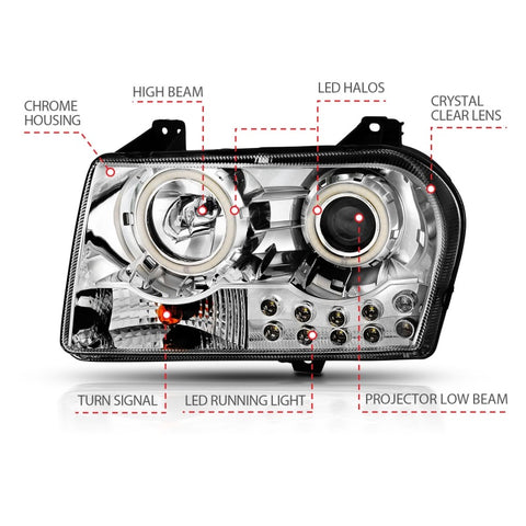 ANZO 2005-2010 Chrysler 300 Projector Headlights w/ Halo Chrome - 121136
