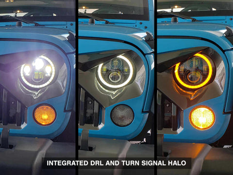 Raxiom 97-18 Jeep Wrangler TJ/JK Axial Halo Headlights w/ DRL Amber Signals- Blk Hsng (Clear Lens) - J108037