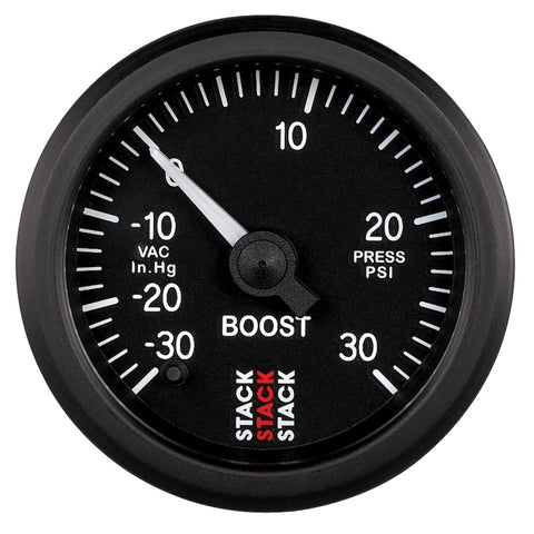 Autometer Stack 52mm -30INHG to +30 PSI (Incl T-Fitting) Pro Stepper Motor Boost Press Gauge - Black - ST3312