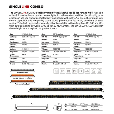Go Rhino Xplor Blackout Combo Series Sgl Row LED Light Bar w/Amber (Side/Track Mount) 20.5in. - Blk - 751052012CSS