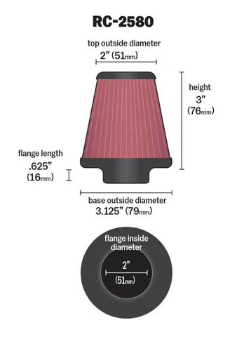 K&N Universal Clamp-On Air Filter 2in FLG / 3-1/8in B / 2in T / 3in L - RC-2580