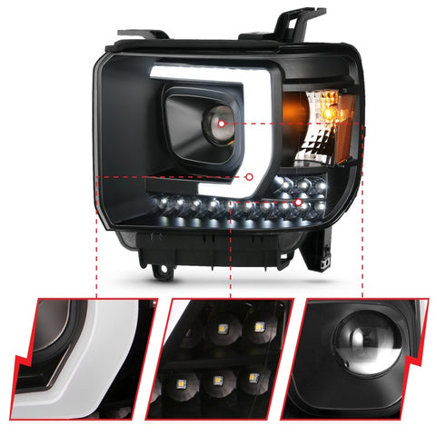ANZO 2014-2015 GMC Sierra 1500HD Projector Plank Style Headlight Black W/ DRL - 111450