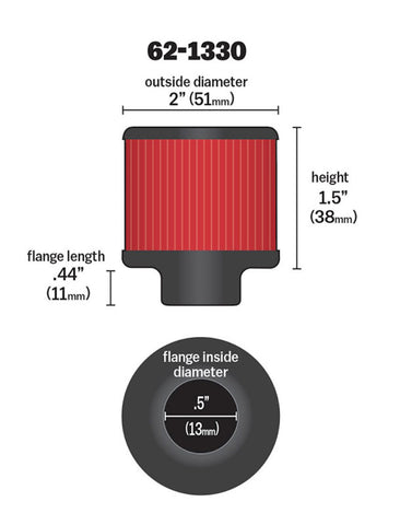 K&N Clamp On Rubber Base Crankcase Vent Filter 0.5in Flange ID 2in OD 1.5in Height - 62-1330