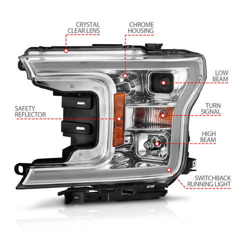 ANZO 2018-2020 Ford F-150 Projector Headlight w/Plank Style Switchback Chrome Housing - 111510