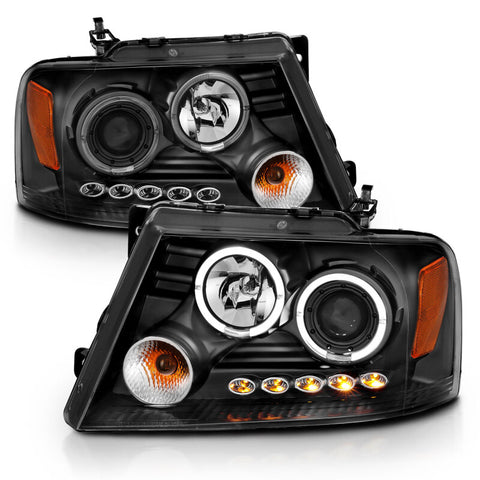 ANZO 2004-2008 Ford F-150 Projector Headlights w/ Halo and LED Black G2 - 111204