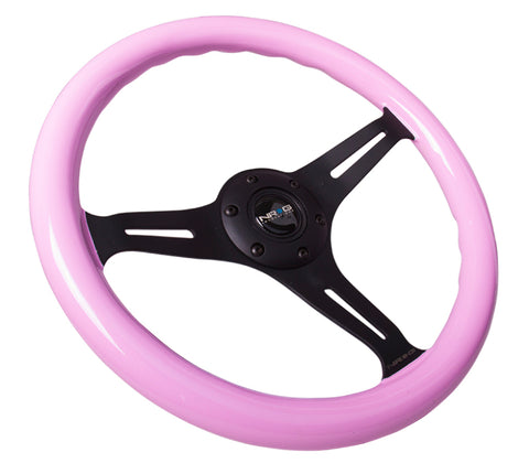 NRG Classic Wood Grain Steering Wheel (350mm) Solid Pink Painted Grip w/Black 3-Spoke Center - ST-015BK-PK