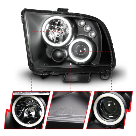 ANZO 2005-2009 Ford Mustang Projector Headlights w/ Halo Black - 121166