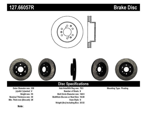 StopTech 05-10 GMC Sierra 1500 (w Rear Drum) / 07-09 GMC Yukon Front Right Slotted & Drilled Rotor - 127.66057R