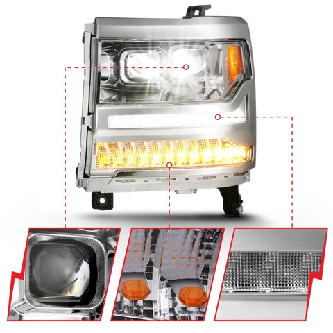 ANZO 16-18 Chevrolet Silverado 1500 LED Projector Headlights w/Plank Style Switchback Chrome w/Amber - 111421