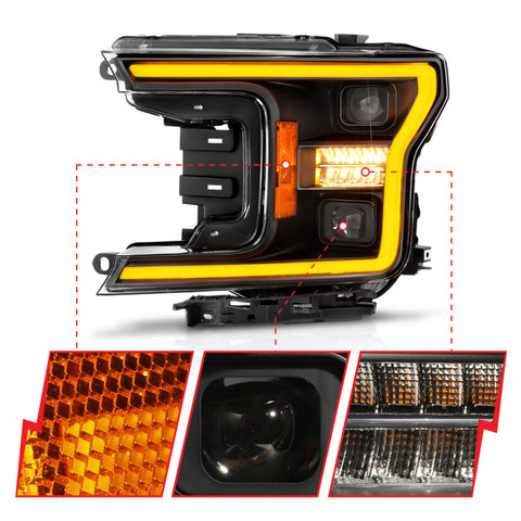 ANZO 18-20 Ford F-150 (w/o Fctry LED) Full LED Proj Headlights w/Light Bar Swtchbk Seq. Black w/Init - 111570