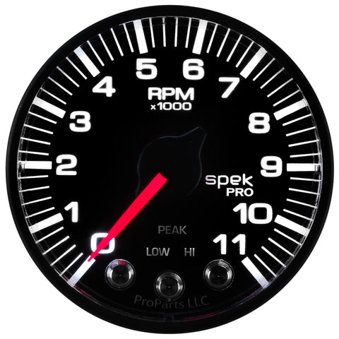 Autometer Spek-Pro Gauge Tach 2 1/16in 11K Rpm W/ Shift Light & Peak Mem - Blk/Blk - P336328