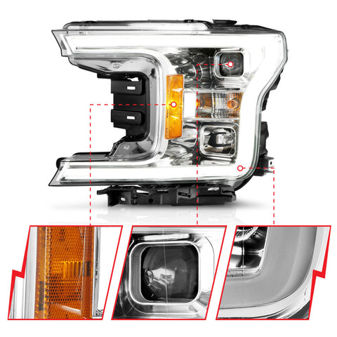 ANZO 18-19 Ford F-150 Projector Headlights w/Plank Style Switchback Chrome w/Amber - 111399