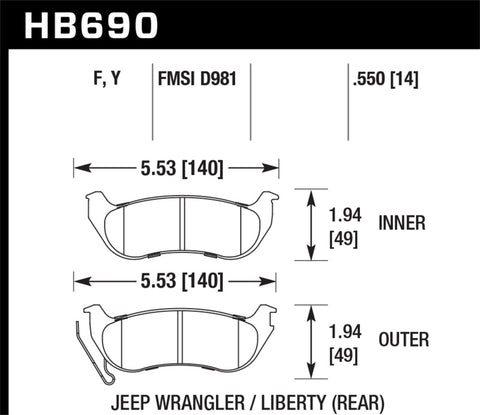 Hawk 04-07 Jeep Liberty KJ / 04-06 Wrangler Unlimited HPS Street Rear Brake Pads - HB690F.550