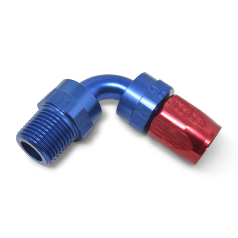 Russell Performance -10 AN Red/Blue 90 Deg Full Flow Swivel Pipe Thread Hose End (With 3/8in NPT) - 612190