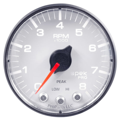 Autometer Spek-Pro Gauge Tach 2 1/16in 8K Rpm W/ Shift Light & Peak Mem Wht/Blk - P334128