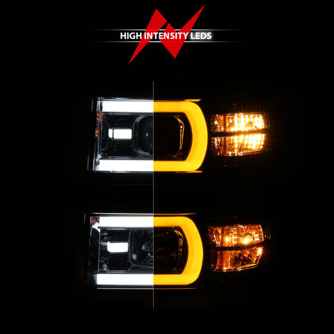 Anzo 14-15 Chevy Silverado 1500 Chrome Dual Switchback+Sequential LED Tube Sq. Projector Headlights - 111618