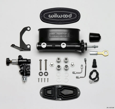 Wilwood HV Tandem M/C Kit w L/H Bracket & Prop Valve - 7/8in Bore Black-W/Push. - Early Mustang - 261-13272-BK