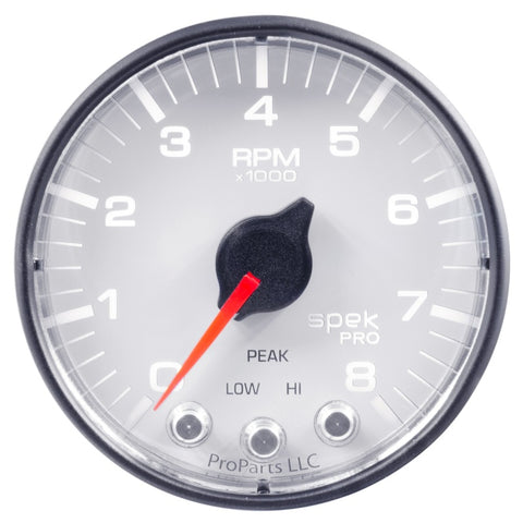 Autometer Spek-Pro Gauge Tach 2 1/16in 8K Rpm W/ Shift Light & Peak Mem Wht/Blk - P334128