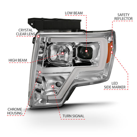 ANZO 2009-2014 Ford F-150 Projector Headlight Plank Style Chrome Amber - 111444