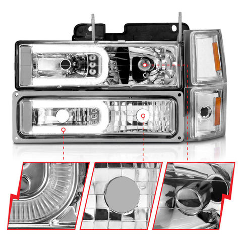 ANZO 88-98 Chevrolet C1500 Crystal Headlights w/Light Bar Chrome Housing w/ Signal Side Markers 8Pcs - 111529