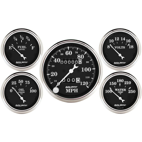 Auto Meter Gauge Kit 5 pc. 3 1/8in & 2 1/16in Mechanical Speedometer Old Tyme Black - 1708