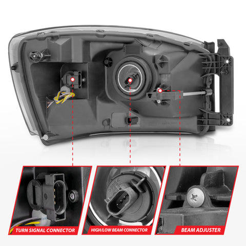 ANZO 06-09 Dodge RAM 1500/2500/3500 Headlights Chrome Housing/Clear Lens (w/ Light Bars) - 111525