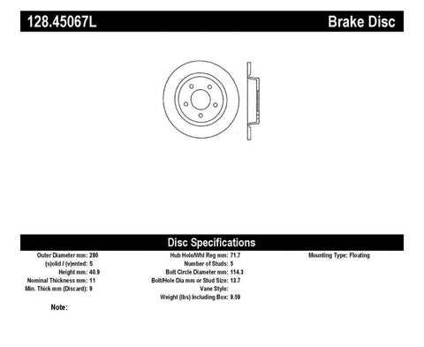 StopTech 04-10 Mazda3 Drilled Left Rear Rotor - 128.45067L