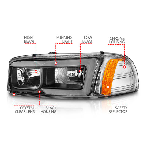 ANZO 99-17 GMC Sierra/Denali Headlights Black Amber (w/C Light Bars) - 111522