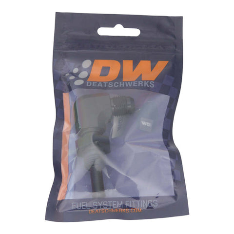 DeatschWerks 6AN Male Flare to 5/16in Male Barb Bulkhead Adapter 90-Degree - Anodized Matte Black - 6-02-0712-B