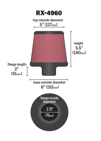 K&N Filter Universal X Stream Clamp-On 2.75in Flange ID / 6in Base OD / 5in Top OD / 5.5in Height - RX-4960