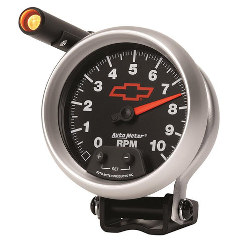 Autometer GM Red Bowtie Black 3-3/4in 0-10000 RPM Pedestal Mount Tachometer Quick-Lite - 3690-00406