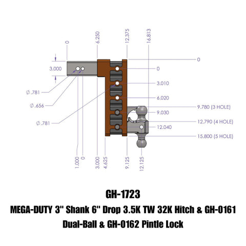 Gen-Y Mega Duty 3in Shank 6in Drop 3.5K TW 32K Hitch w/GH-0161 Dual-Ball/GH-0162 Pintle Lock - GH-1723