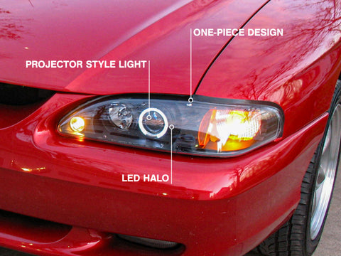 Raxiom 94-98 Ford Mustang LED Halo Projector Headlights- Black Housing (Smoked Lens) - 49119
