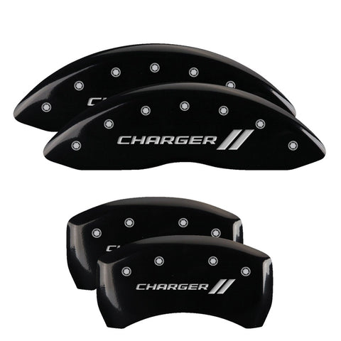 MGP 4 Caliper Covers Engraved Front Cursive/Challenger Engraved Rear RT Yellow finish black ch - 12181SCLRYL