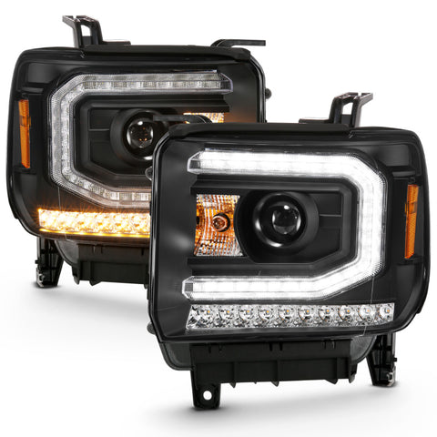 ANZO 2016-2019 GMC Sierra 1500 Projector Headlight Plank Style Black w/ Sequential Amber Signal - 111485