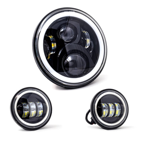 Letric Lighting 7in Full-Halo Black LED Headlight with (2) 4.5in Full-Halo Black Passing Lamps - LLC-LHK-7BH