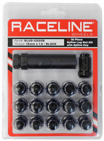 Raceline Spline Lug Nut Kit with Spline Key 12 x 1.5 - 16 Pack - Black - RLUG-CS20B