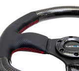 NRG Carbon Fiber Steering Wheel (320mm) Flat Bottom & Leather Trim w/Red Stitching - ST-009CFRS