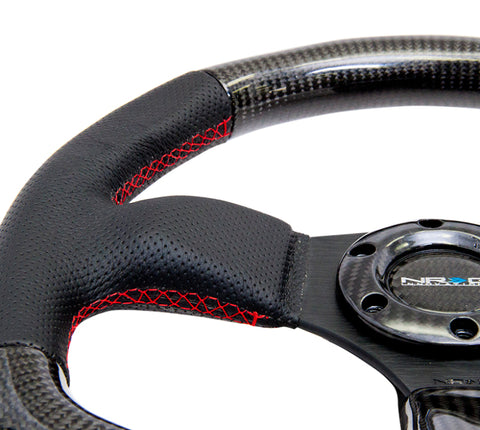 NRG Carbon Fiber Steering Wheel (320mm) Flat Bottom & Leather Trim w/Red Stitching - ST-009CFRS