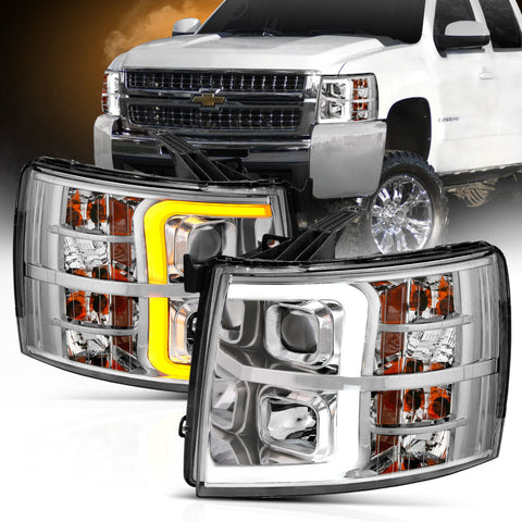 ANZO 07-13 Chevrolet Silverado 1500/2500/3500 Proj Headlights w/ Plank Style Switchback Chrome w/Amb - 111411