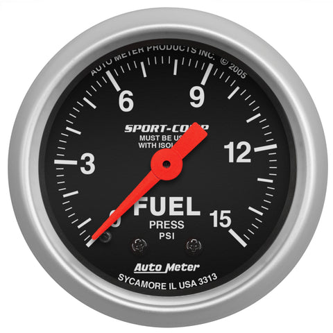 AutoMeter Gauge Fuel Pressure 2-1/16in. 15PSI Mechanical W/Isolator Sport-Comp - 3313