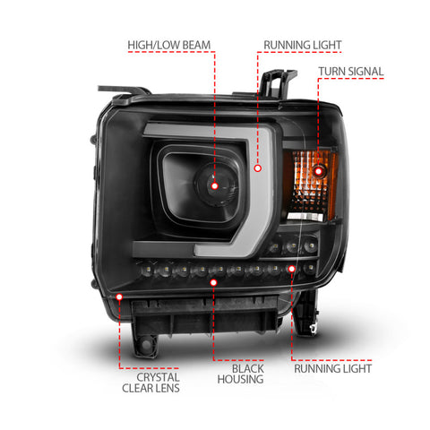 ANZO 2014-2015 GMC Sierra 1500HD Projector Plank Style Headlight Black W/ DRL - 111450