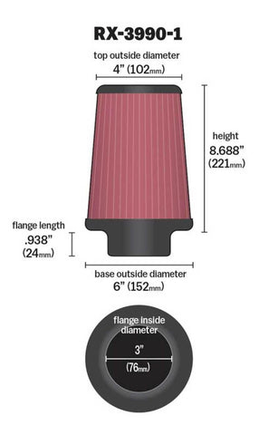 K&N Filter Universal X Stream Clamp-On 4in Top OD x 6in Base OD x 8.688in H x 3in Flange ID - RX-3990-1
