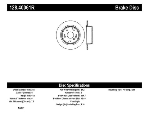 StopTech 04-08 Acura TL/TL-S Standard/Brembo Drilled Right Rear Rotor - 128.40061R