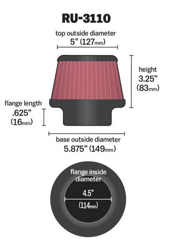 K&N Universal Rubber Filter Round Tapered 4.5in Flange ID x 5.875 Base OD x 5in Top OD x 3.25in H - RU-3110