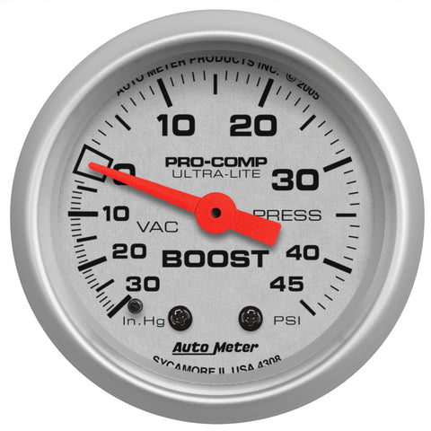 Autometer Ultra-Lite 52mm 30 IN HG/45 PSI Mechanical Boost/Vacuum Gauge - 4308