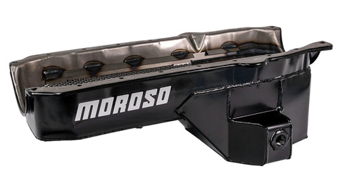 Moroso 86-Up Chevrolet SBC (w/Passenger Side Dipstick) Wet Sump 5.5qt 7.5in Steel Oil Pan - Black - 20185